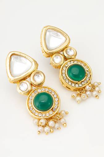 gold-toned kundan and green stone earrings with pearl drops