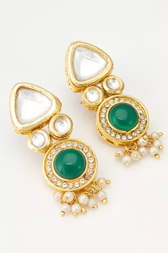 gold-toned kundan and green stone earrings with pearl drops
