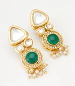 gold-toned kundan and green stone earrings with pearl drops