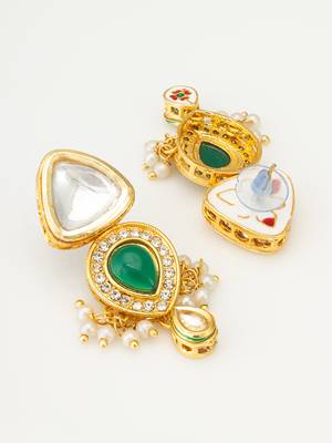 gold-plated kundan and green stone earrings with pearl and kundan drops 2