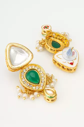 gold-plated kundan and green stone earrings with pearl and kundan drops