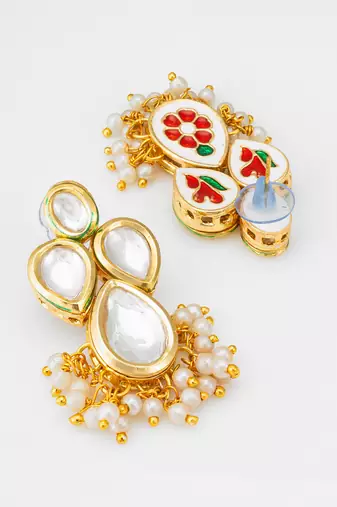 gold-plated kundan earrings with pearl cluster drops