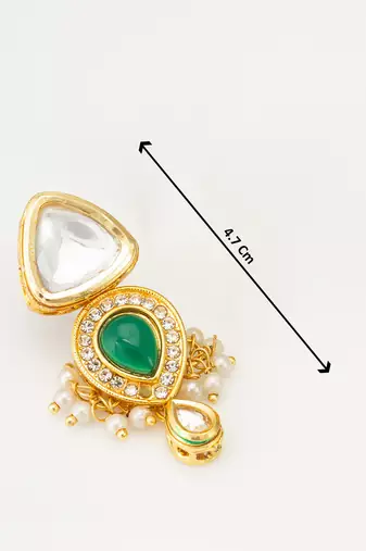 gold-plated kundan and green stone earrings with pearl and kundan drops