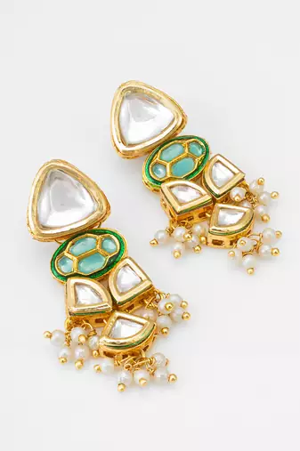 gold-toned kundan earrings with meenakari and pearl drops
