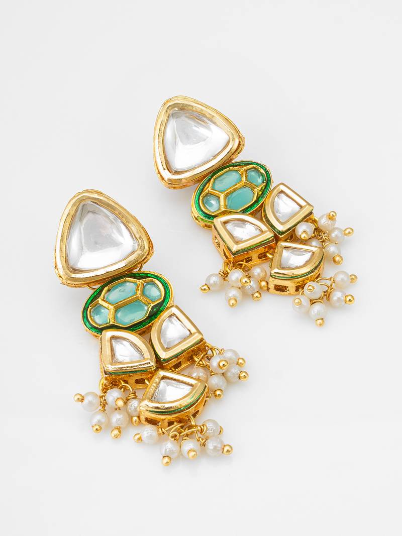 gold-toned kundan earrings with meenakari and pearl drops