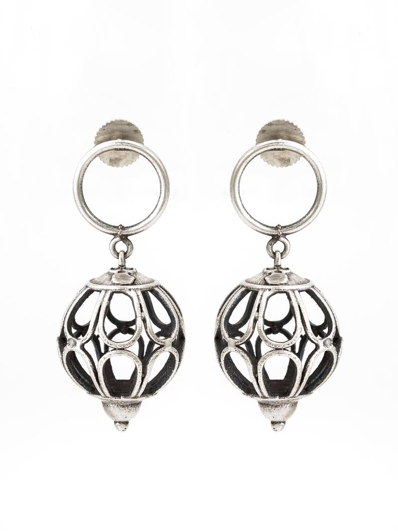 oxidized silver filigree globe drop earrings