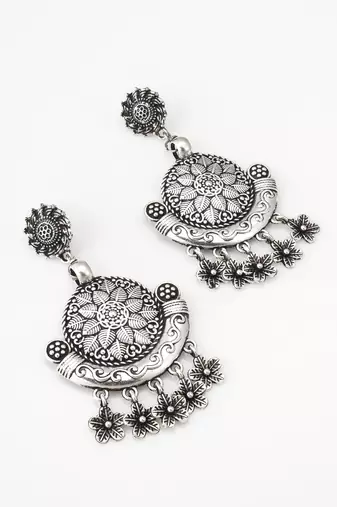 oxidized silver chandbali earrings with leaf charm drops
