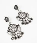 oxidized silver chandbali earrings with leaf charm drops