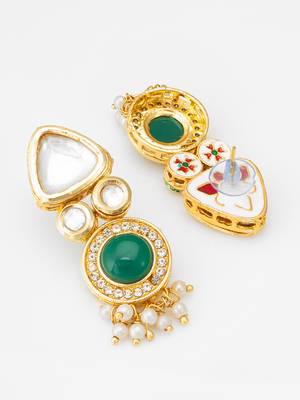 gold-toned kundan and green stone earrings with pearl drops 2