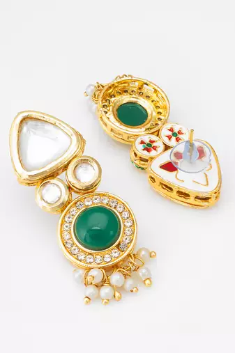 gold-toned kundan and green stone earrings with pearl drops