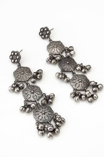 oxidized silver long dangler earrings and ghungroo drops