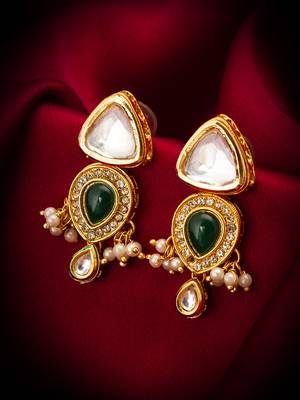 gold-plated kundan and green stone earrings with pearl and kundan drops 4