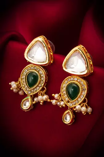gold-plated kundan and green stone earrings with pearl and kundan drops