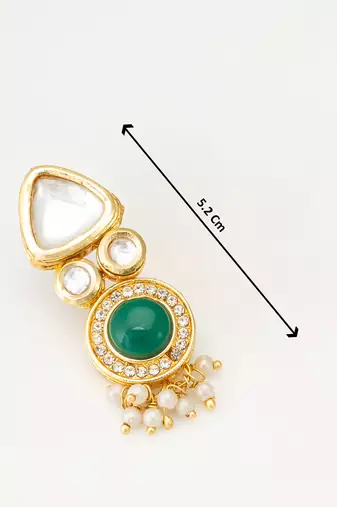 gold-toned kundan and green stone earrings with pearl drops