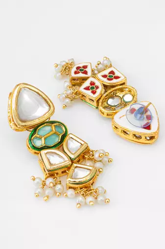 gold-toned kundan earrings with meenakari and pearl drops