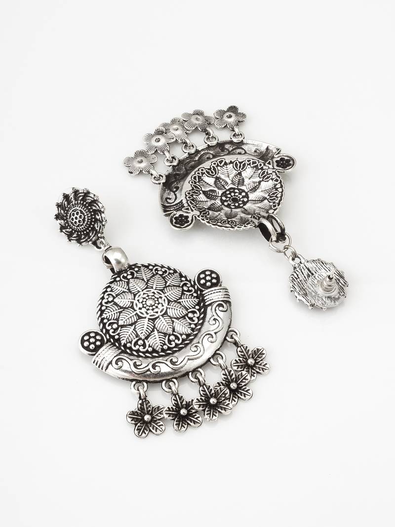 oxidized silver chandbali earrings with leaf charm drops
