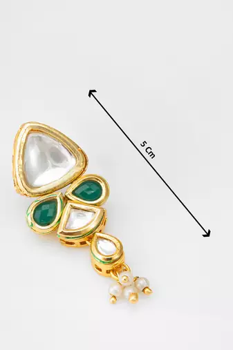 gold-toned kundan and green stone drop earrings with pearl