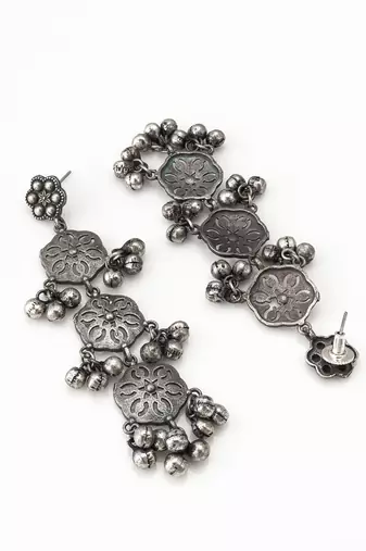 oxidized silver long dangler earrings and ghungroo drops