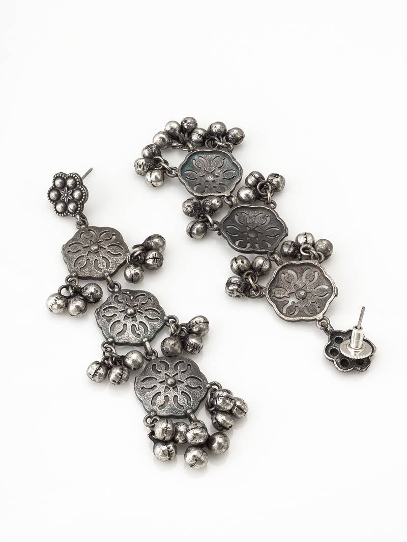oxidized silver long dangler earrings and ghungroo drops