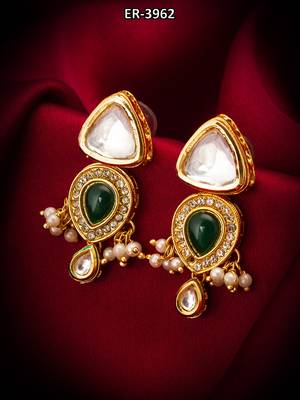 gold-plated kundan and green stone earrings with pearl and kundan drops 5
