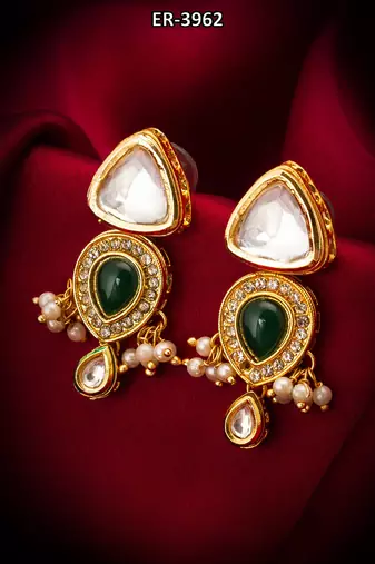 gold-plated kundan and green stone earrings with pearl and kundan drops