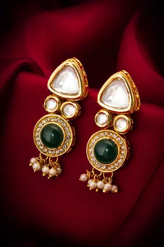 gold-toned kundan and green stone earrings with pearl drops