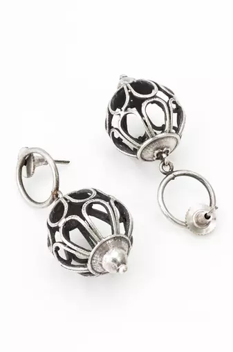 oxidized silver filigree globe drop earrings