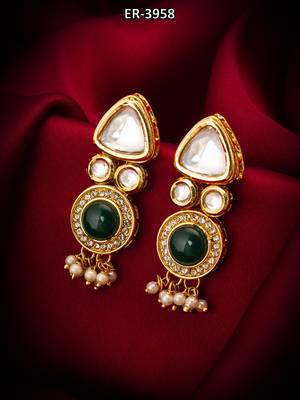 gold-toned kundan and green stone earrings with pearl drops 5