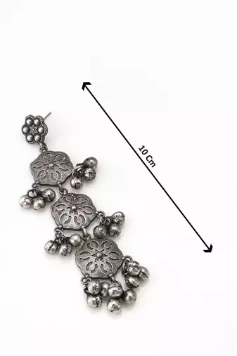 oxidized silver long dangler earrings and ghungroo drops