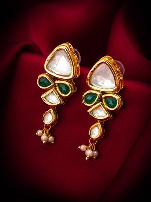 gold-toned kundan and green stone drop earrings with pearl 4