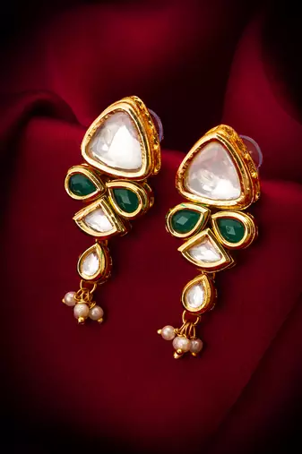 gold-toned kundan and green stone drop earrings with pearl