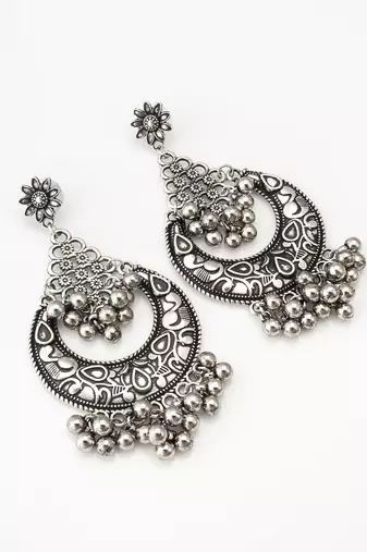 oxidized silver chandbali earrings with floral and ghungroo drops