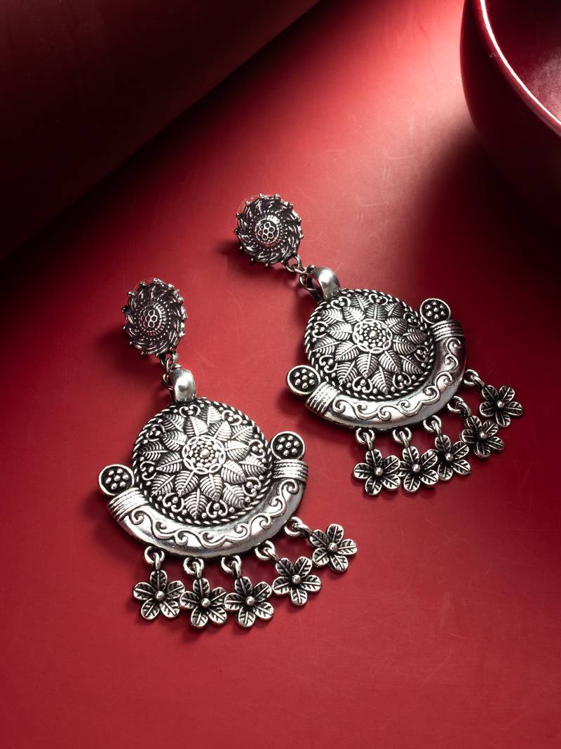 oxidized silver chandbali earrings with leaf charm drops