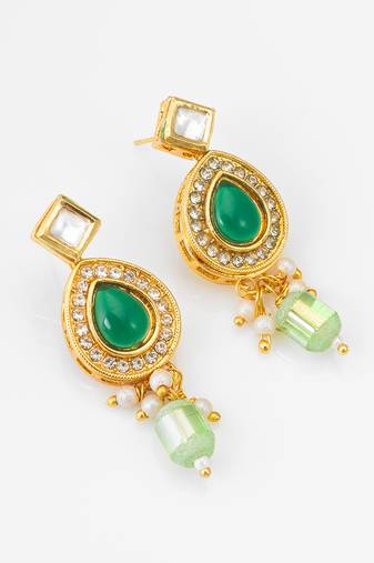 gold-plated ad stone earrings with crystal halo and bead drops