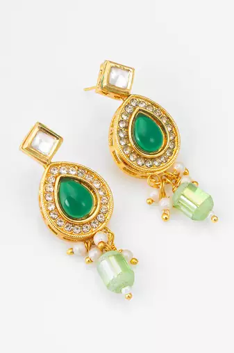 gold-plated ad stone earrings with crystal halo and bead drops