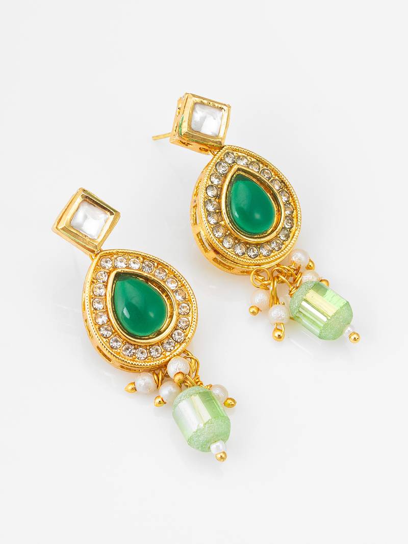 gold-plated ad stone earrings with crystal halo and bead drops