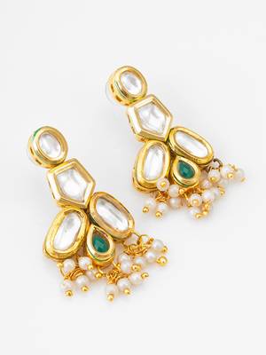 gold-plated kundan earrings with green stone and pearl drops 2