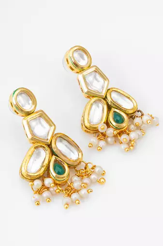 gold-plated kundan earrings with green stone and pearl drops