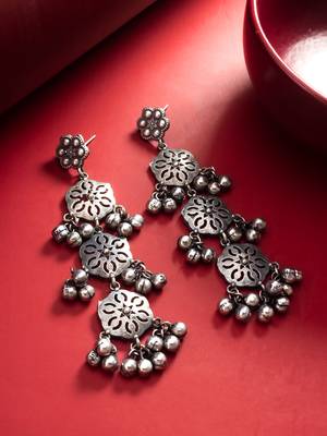 oxidized silver long dangler earrings and ghungroo drops 4
