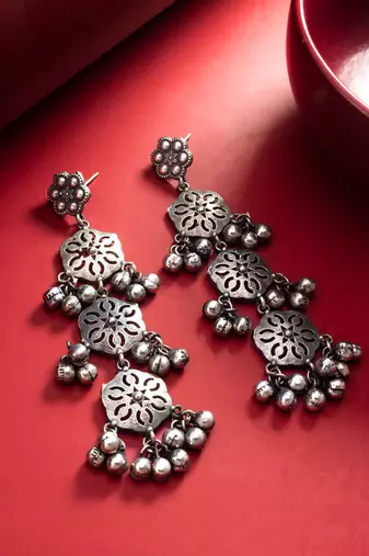oxidized silver long dangler earrings and ghungroo drops