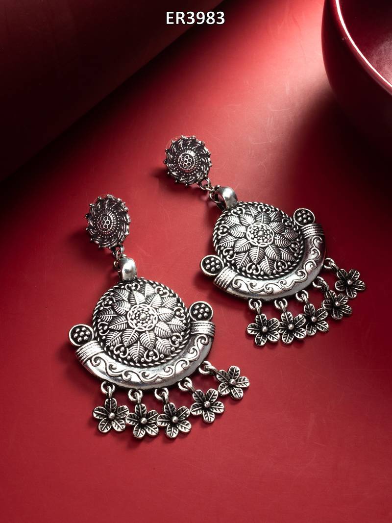 oxidized silver chandbali earrings with leaf charm drops