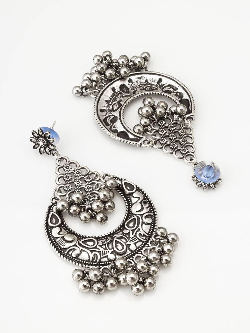 oxidized silver chandbali earrings with floral and ghungroo drops