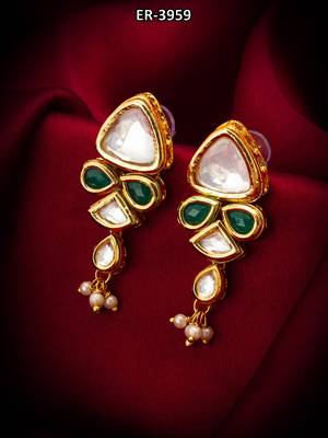 gold-toned kundan and green stone drop earrings with pearl 5
