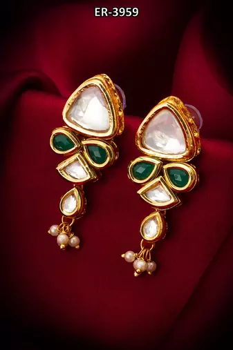 gold-toned kundan and green stone drop earrings with pearl