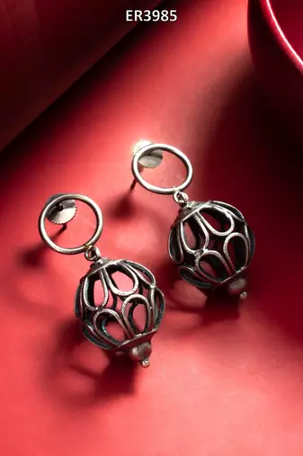 oxidized silver filigree globe drop earrings