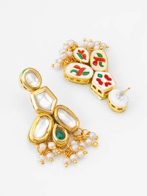 gold-plated kundan earrings with green stone and pearl drops 3