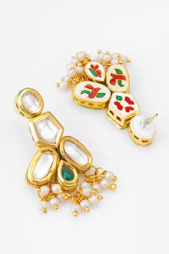 gold-plated kundan earrings with green stone and pearl drops