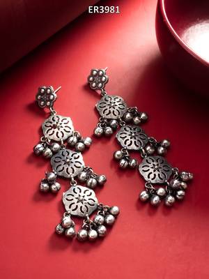 oxidized silver long dangler earrings and ghungroo drops 5