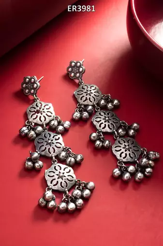 oxidized silver long dangler earrings and ghungroo drops