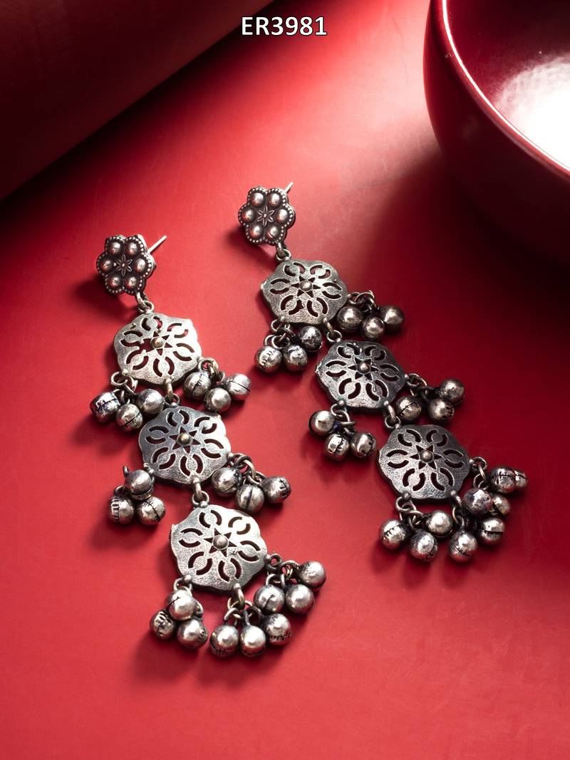 oxidized silver long dangler earrings and ghungroo drops